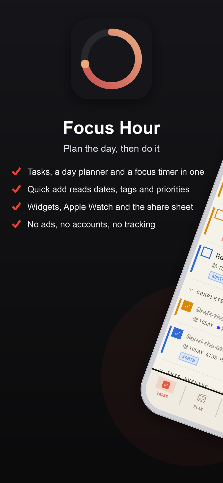 Focus Hour — a task manager, day planner and focus timer in one, with quick add, widgets, an Apple Watch app and a share sheet