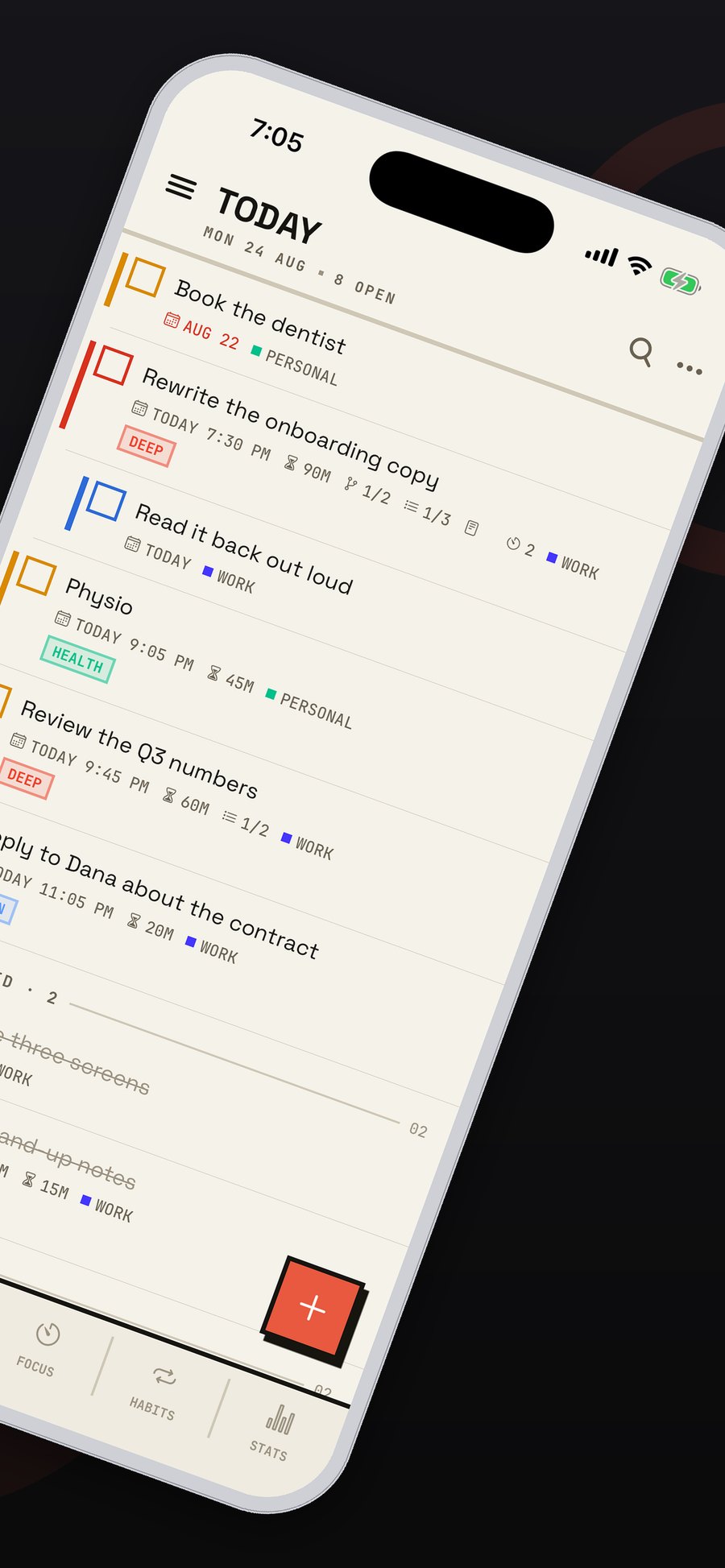 Today’s list showing due times, priorities, tags, subtasks and checklist progress