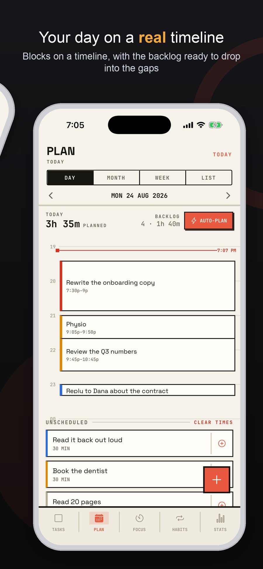 The day planner: tasks laid out as blocks on a timeline, with an unscheduled backlog below and an auto-plan button