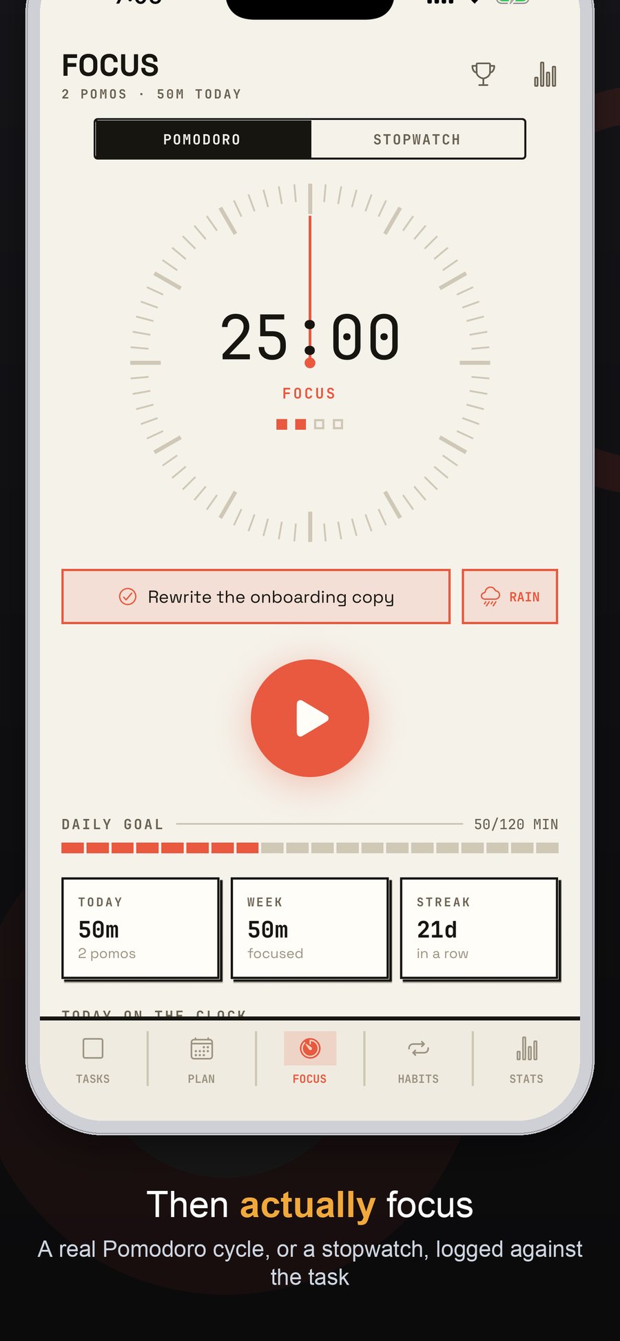 The focus timer mid-Pomodoro cycle, linked to a task, with a daily goal bar and today’s totals