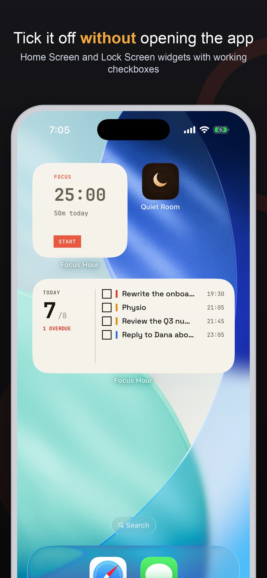 Home Screen widgets: today’s tasks with checkboxes, and the focus timer