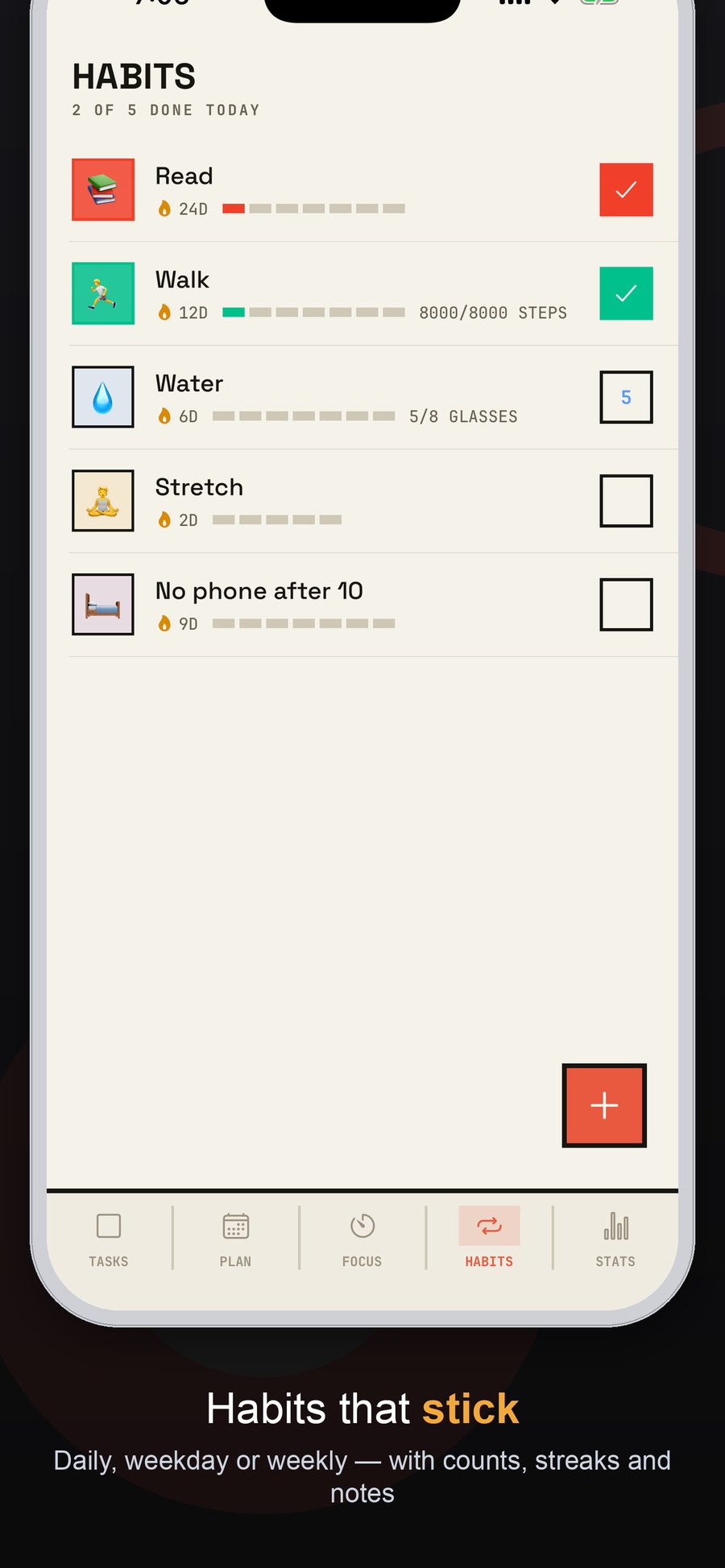 Habit tracker showing streaks, weekly progress bars and count goals