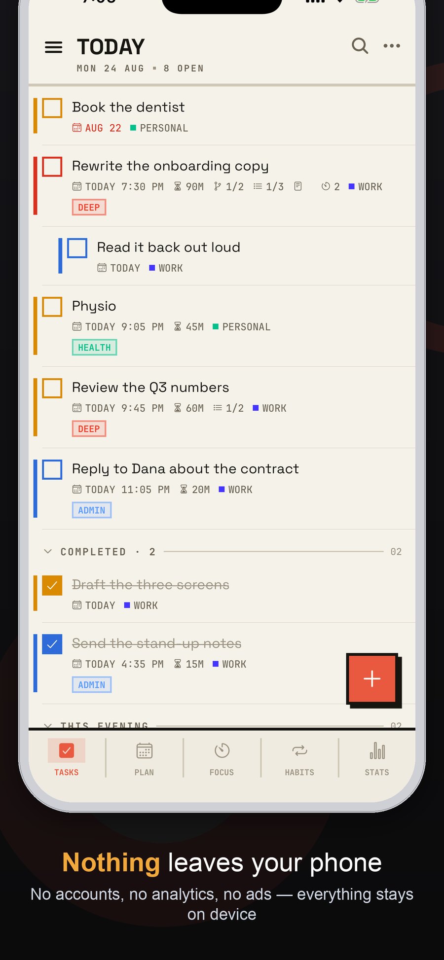 Focus Hour keeps everything on the device — no accounts, no analytics, no ads