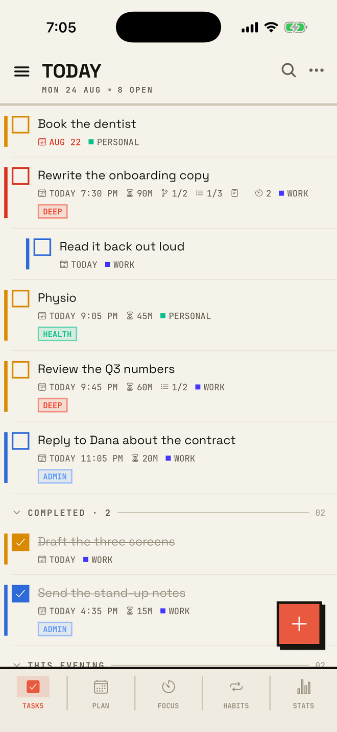 Focus Hour showing today’s tasks with due times, priorities, tags and checklist progress